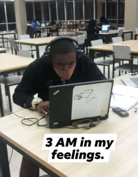 Darwin Chapuswike studying in a college library in Lusaka at 3 AM, 2021