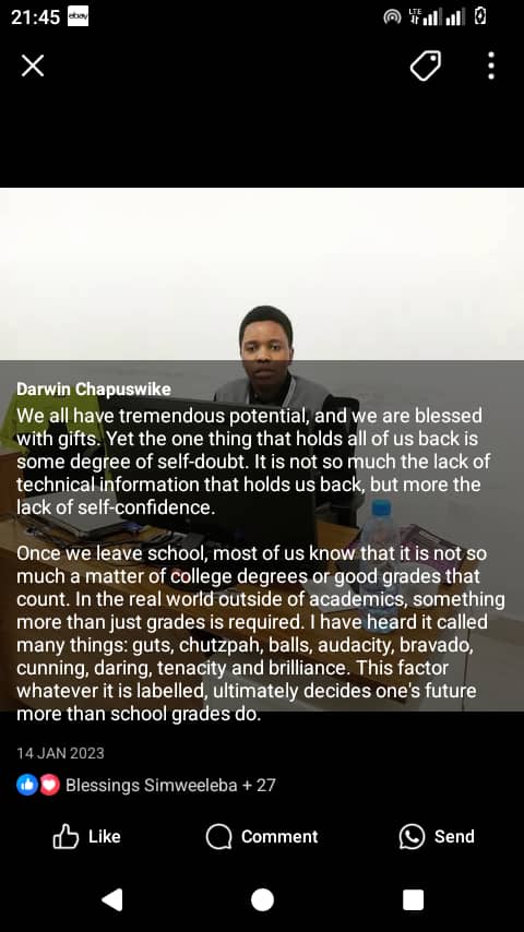 Darwin Chapuswike reflecting on resilience and potential, January 14, 2023